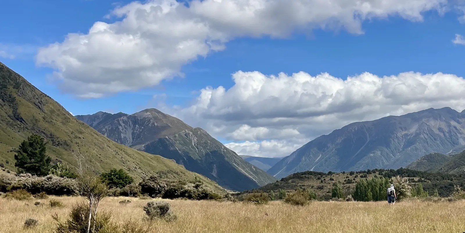 Walkers crossing tussock toward a high-country mountain pass, Aotearoa New Zealand